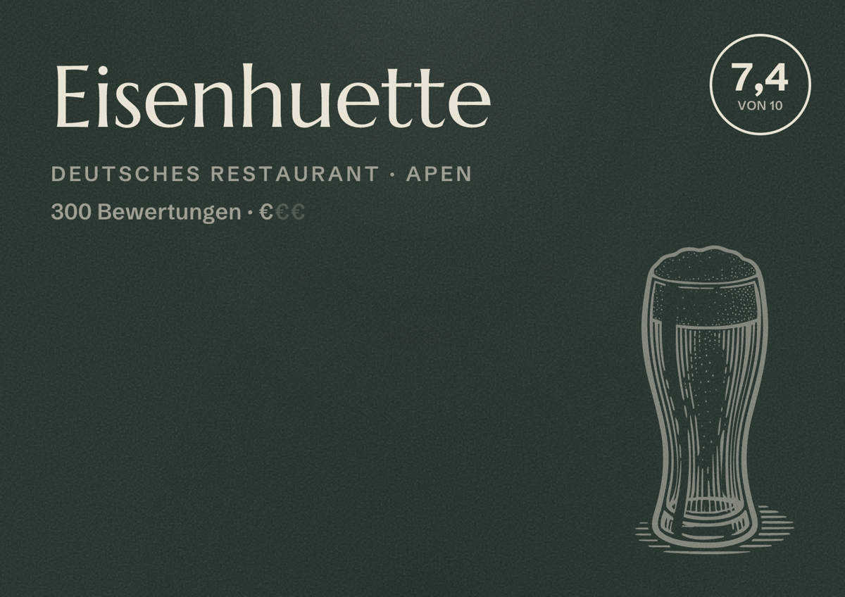 Illustriertes Poster von Eisenhuette, Deutsches Restaurant in Apen: Bewertung 7,4 von 10 aus 300 Bewertungen, Preisniveau €