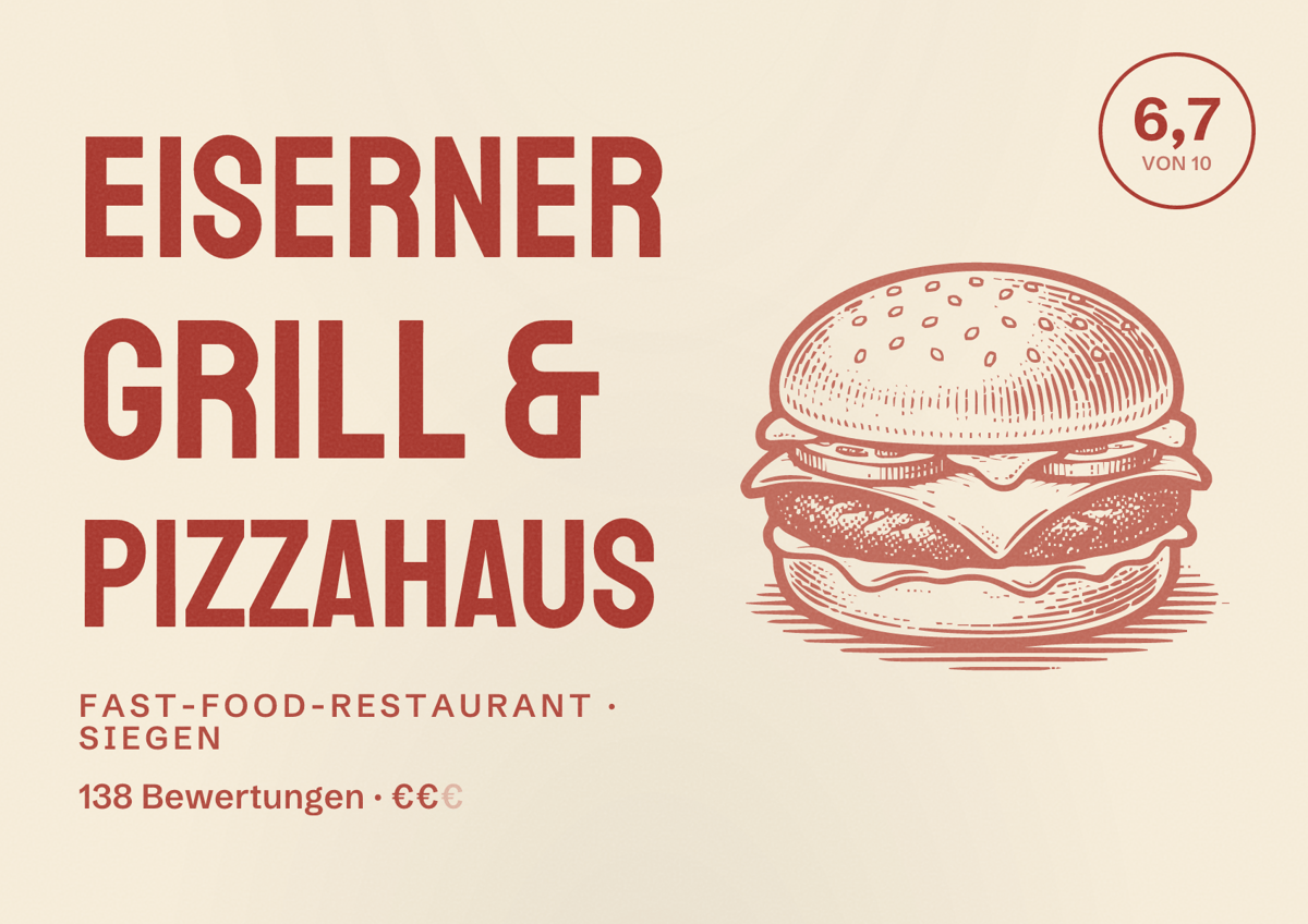 Illustriertes Poster von Eiserner Grill & Pizzahaus, Fast-Food-Restaurant in Siegen: Bewertung 6,7 von 10 aus 138 Bewertungen, Preisniveau €€
