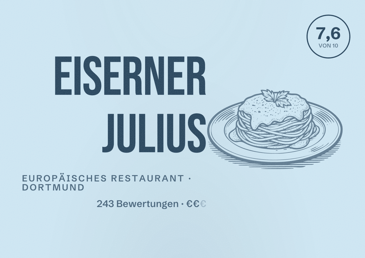 Illustriertes Poster von Eiserner Julius, Europäisches Restaurant in Dortmund: Bewertung 7,6 von 10 aus 243 Bewertungen, Preisniveau €€