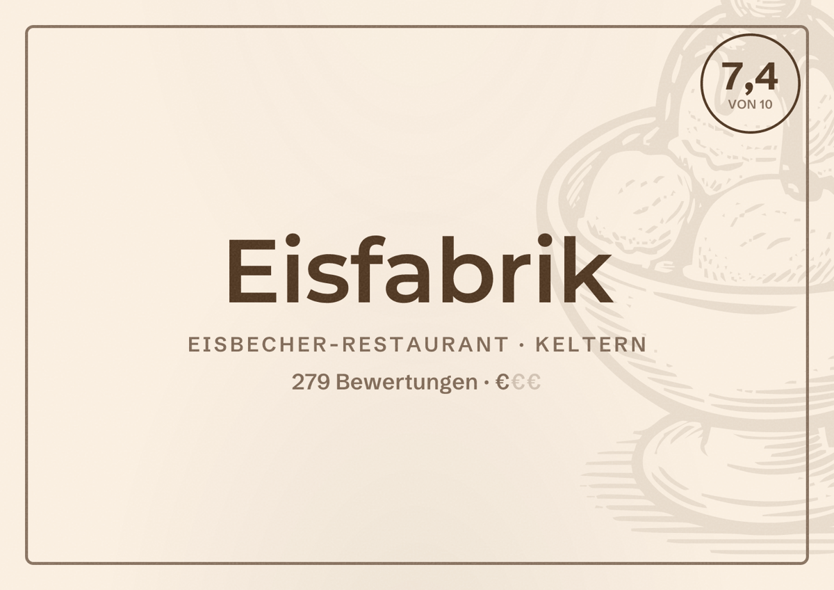 Illustriertes Poster von Eisfabrik, Eisbecher-Restaurant in Keltern: Bewertung 7,4 von 10 aus 279 Bewertungen, Preisniveau €