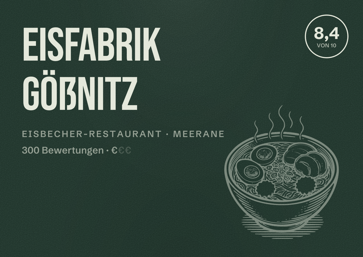 Illustriertes Poster von Eisfabrik Gößnitz, Eisbecher-Restaurant in Meerane: Bewertung 8,4 von 10 aus 300 Bewertungen, Preisniveau €
