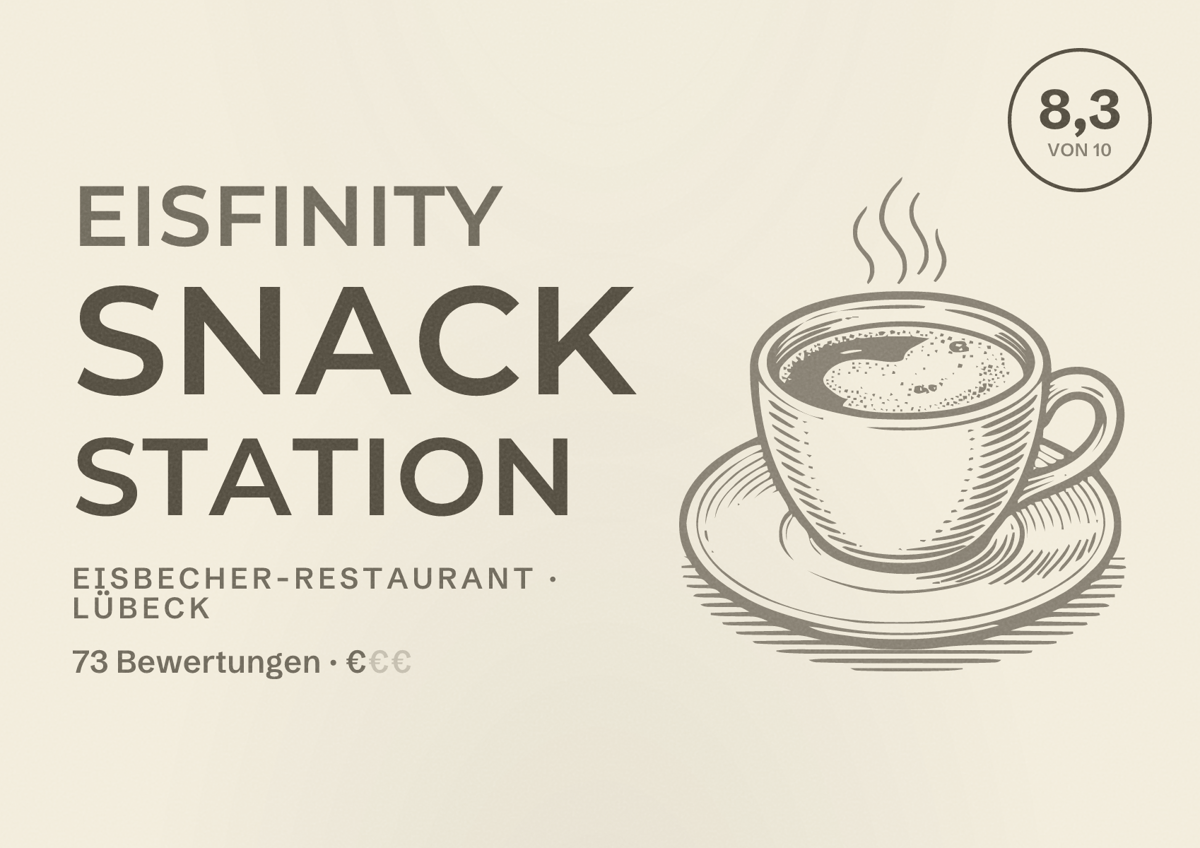 Illustriertes Poster von Eisfinity Snack Station, Eisbecher-Restaurant in Lübeck: Bewertung 8,3 von 10 aus 73 Bewertungen, Preisniveau €