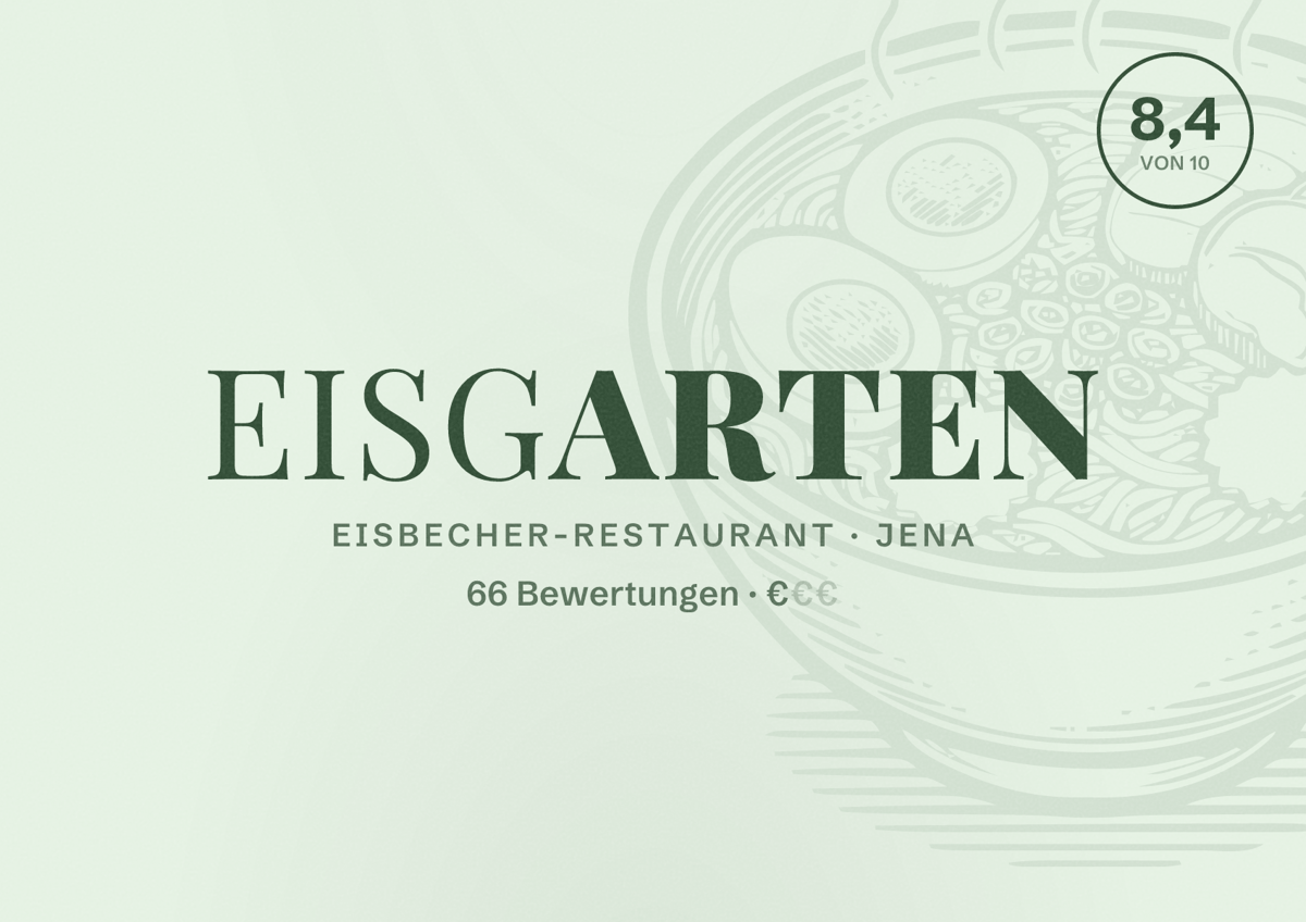 Illustriertes Poster von Eisgarten, Eisbecher-Restaurant in Jena: Bewertung 8,4 von 10 aus 66 Bewertungen, Preisniveau €