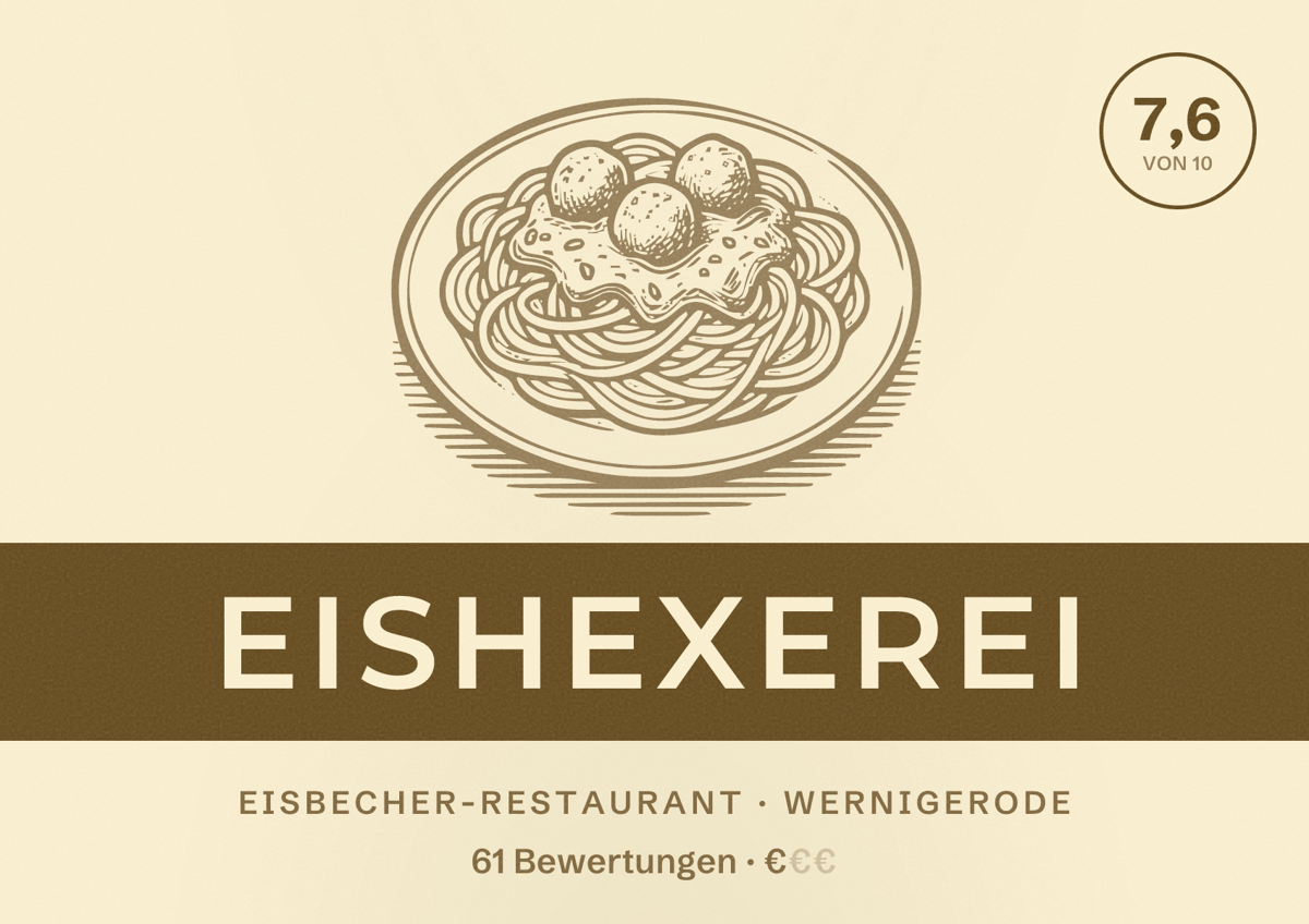Illustriertes Poster von Eishexerei, Eisbecher-Restaurant in Wernigerode: Bewertung 7,6 von 10 aus 61 Bewertungen, Preisniveau €
