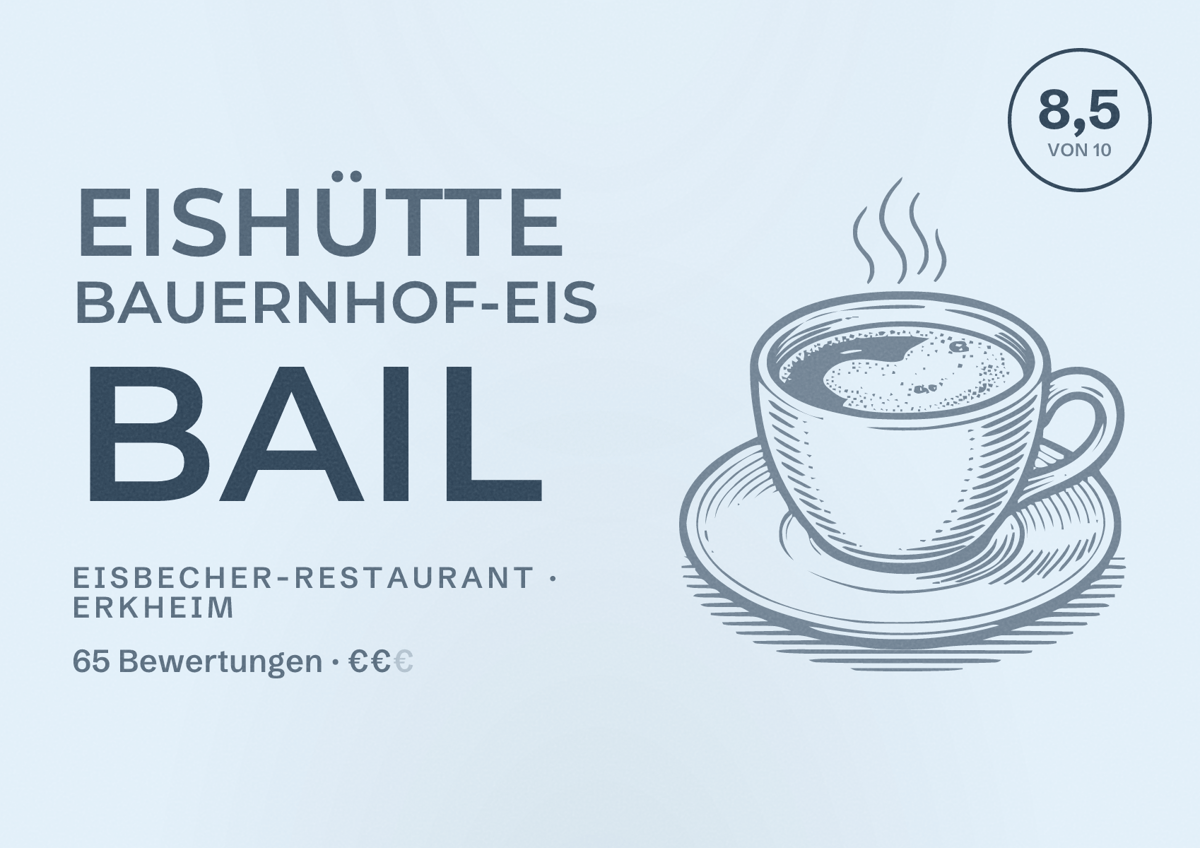 Illustriertes Poster von Eishütte Bauernhof-Eis Bail, Eisbecher-Restaurant in Erkheim: Bewertung 8,5 von 10 aus 65 Bewertungen, Preisniveau €€