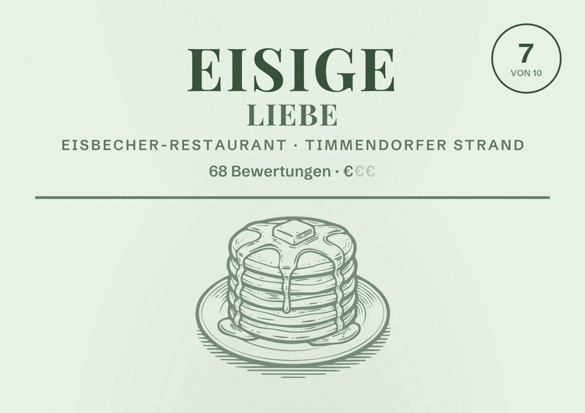 Illustriertes Poster von Eisige Liebe, Eisbecher-Restaurant in Timmendorfer Strand: Bewertung 7 von 10 aus 68 Bewertungen, Preisniveau €