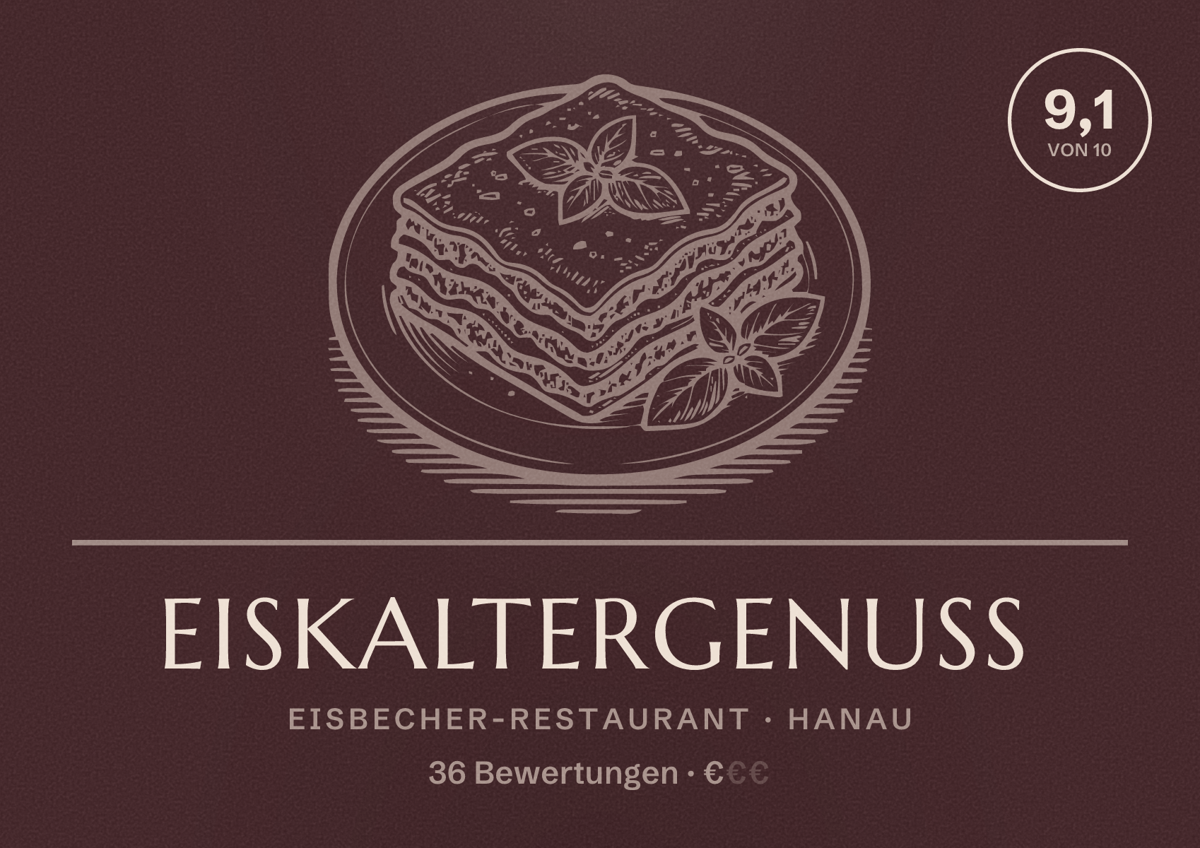 Illustriertes Poster von Eiskaltergenuss, Eisbecher-Restaurant in Hanau: Bewertung 9,1 von 10 aus 36 Bewertungen, Preisniveau €