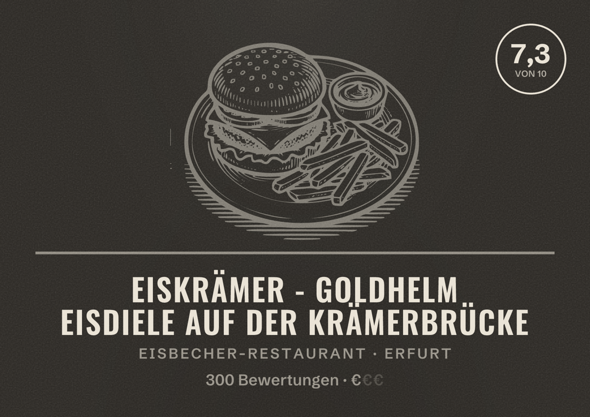 Illustriertes Poster von Eiskrämer - Goldhelm Eisdiele auf der Krämerbrücke, Eisbecher-Restaurant in Erfurt: Bewertung 7,3 von 10 aus 300 Bewertungen, Preisniveau €
