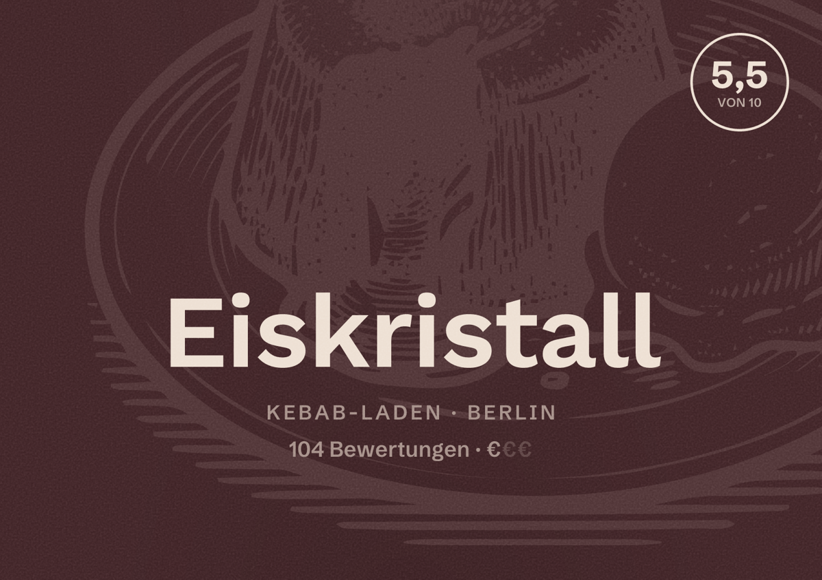 Illustriertes Poster von Eiskristall, Kebab-Laden in Berlin: Bewertung 5,5 von 10 aus 104 Bewertungen, Preisniveau €