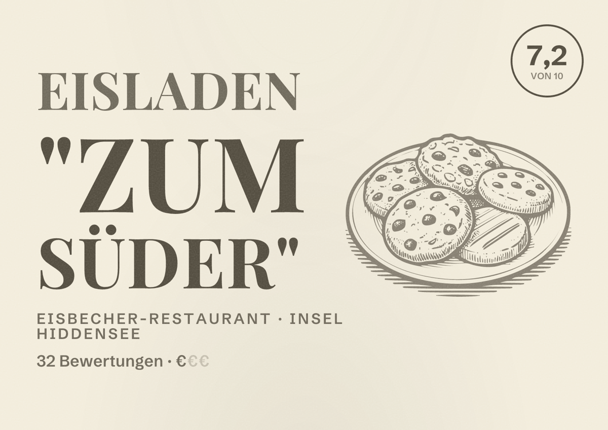 Illustriertes Poster von Eisladen "Zum Süder", Eisbecher-Restaurant in Insel Hiddensee: Bewertung 7,2 von 10 aus 32 Bewertungen, Preisniveau €