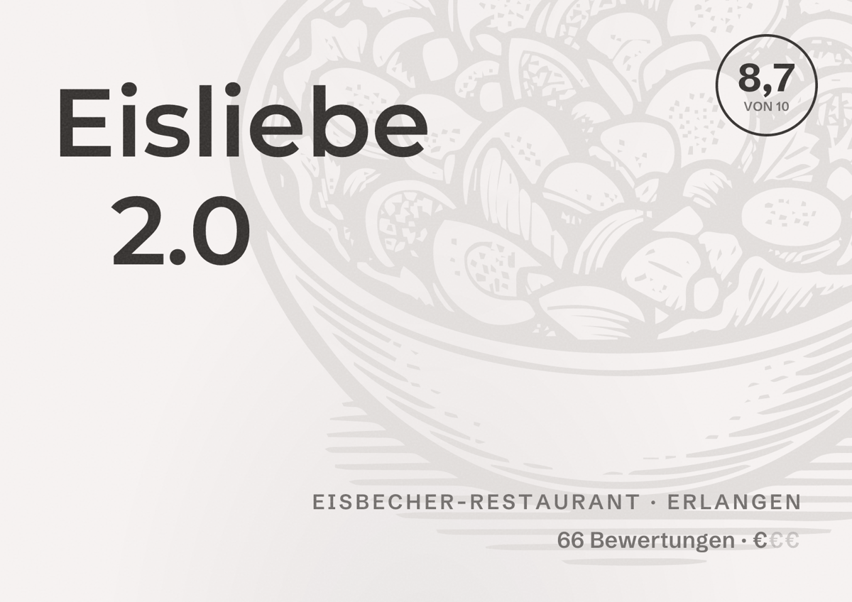 Illustriertes Poster von Eisliebe 2.0, Eisbecher-Restaurant in Erlangen: Bewertung 8,7 von 10 aus 66 Bewertungen, Preisniveau €