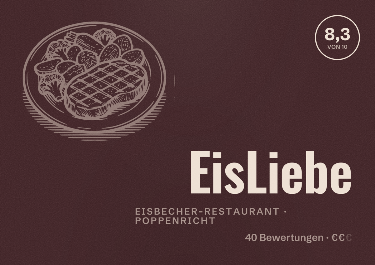Illustriertes Poster von EisLiebe, Eisbecher-Restaurant in Poppenricht: Bewertung 8,3 von 10 aus 40 Bewertungen, Preisniveau €€