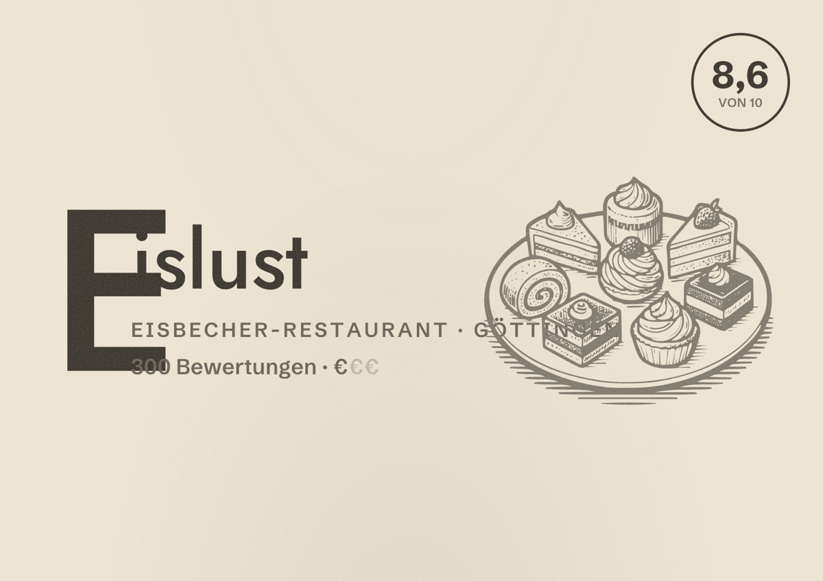 Illustriertes Poster von Eislust, Eisbecher-Restaurant in Göttingen: Bewertung 8,6 von 10 aus 300 Bewertungen, Preisniveau €