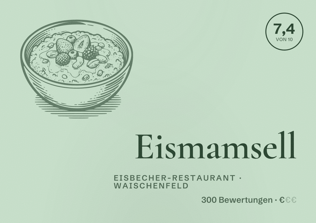 Illustriertes Poster von Eismamsell, Eisbecher-Restaurant in Waischenfeld: Bewertung 7,4 von 10 aus 300 Bewertungen, Preisniveau €