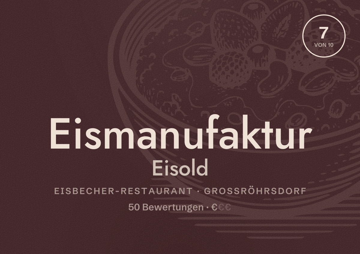 Illustriertes Poster von Eismanufaktur Eisold, Eisbecher-Restaurant in Großröhrsdorf: Bewertung 7 von 10 aus 50 Bewertungen, Preisniveau €