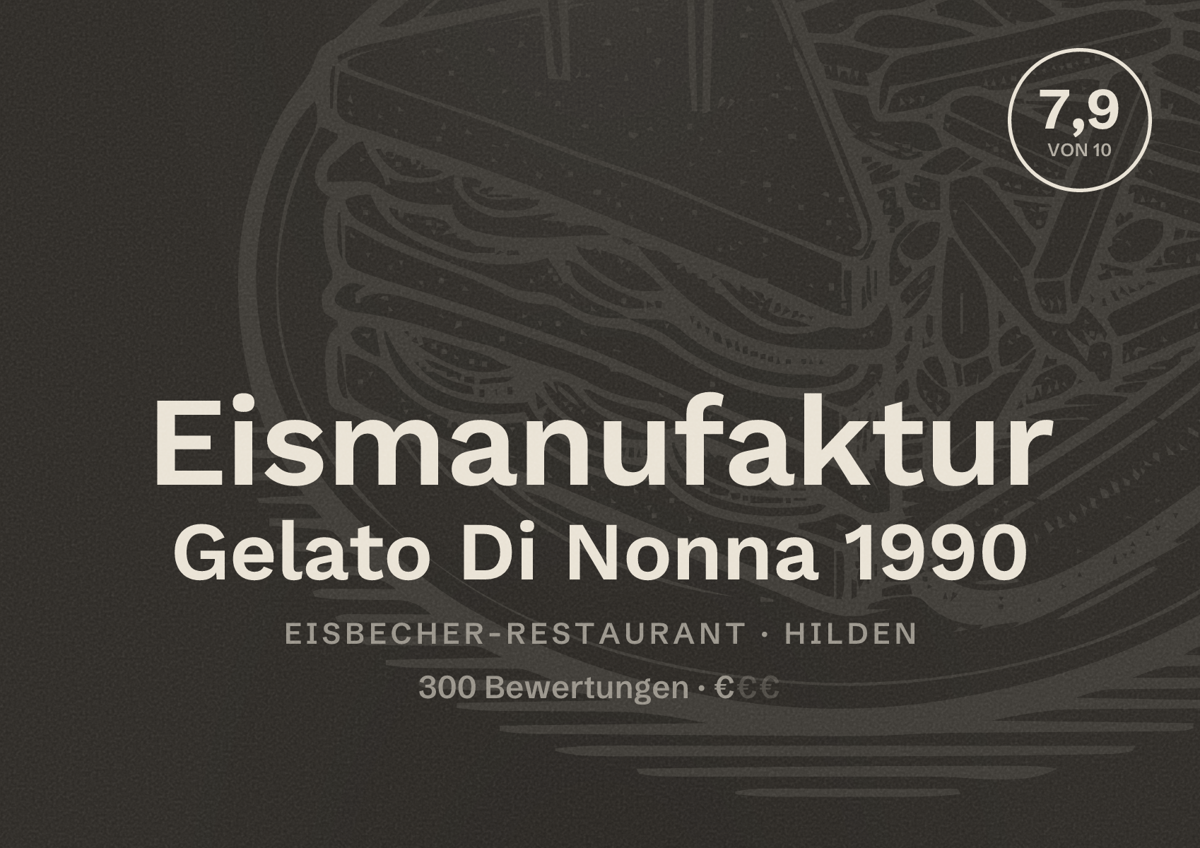 Illustriertes Poster von Eismanufaktur Gelato Di Nonna 1990, Eisbecher-Restaurant in Hilden: Bewertung 7,9 von 10 aus 300 Bewertungen, Preisniveau €