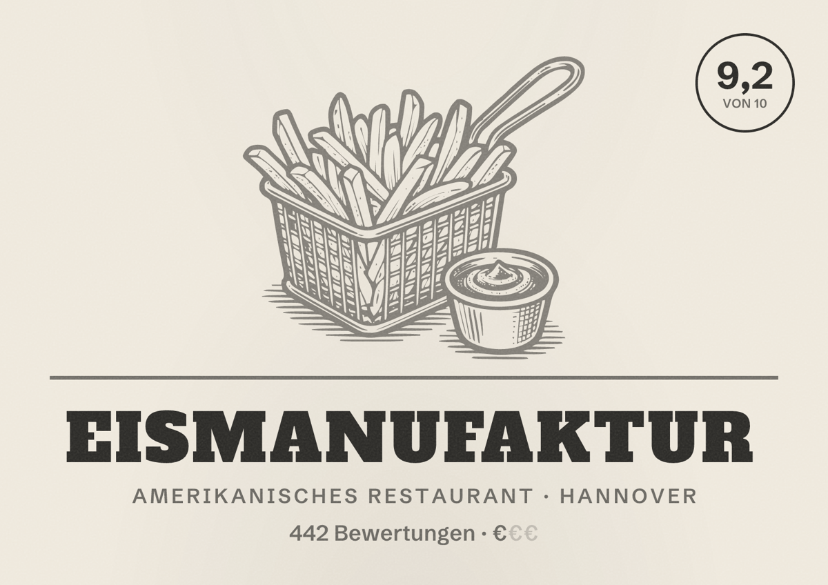 Illustriertes Poster von Eismanufaktur, Amerikanisches Restaurant in Hannover: Bewertung 9,2 von 10 aus 442 Bewertungen, Preisniveau €