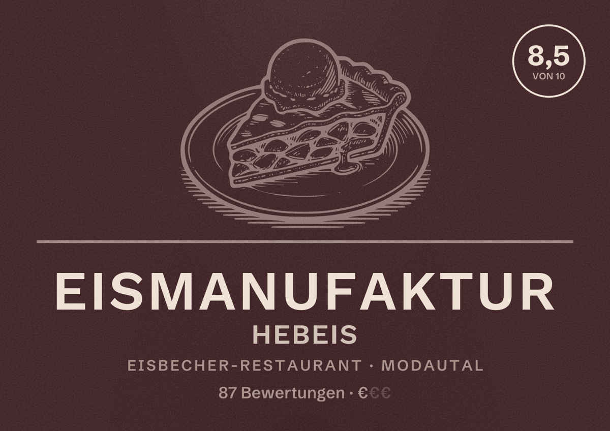 Illustriertes Poster von Eismanufaktur Hebeis, Eisbecher-Restaurant in Modautal: Bewertung 8,5 von 10 aus 87 Bewertungen, Preisniveau €