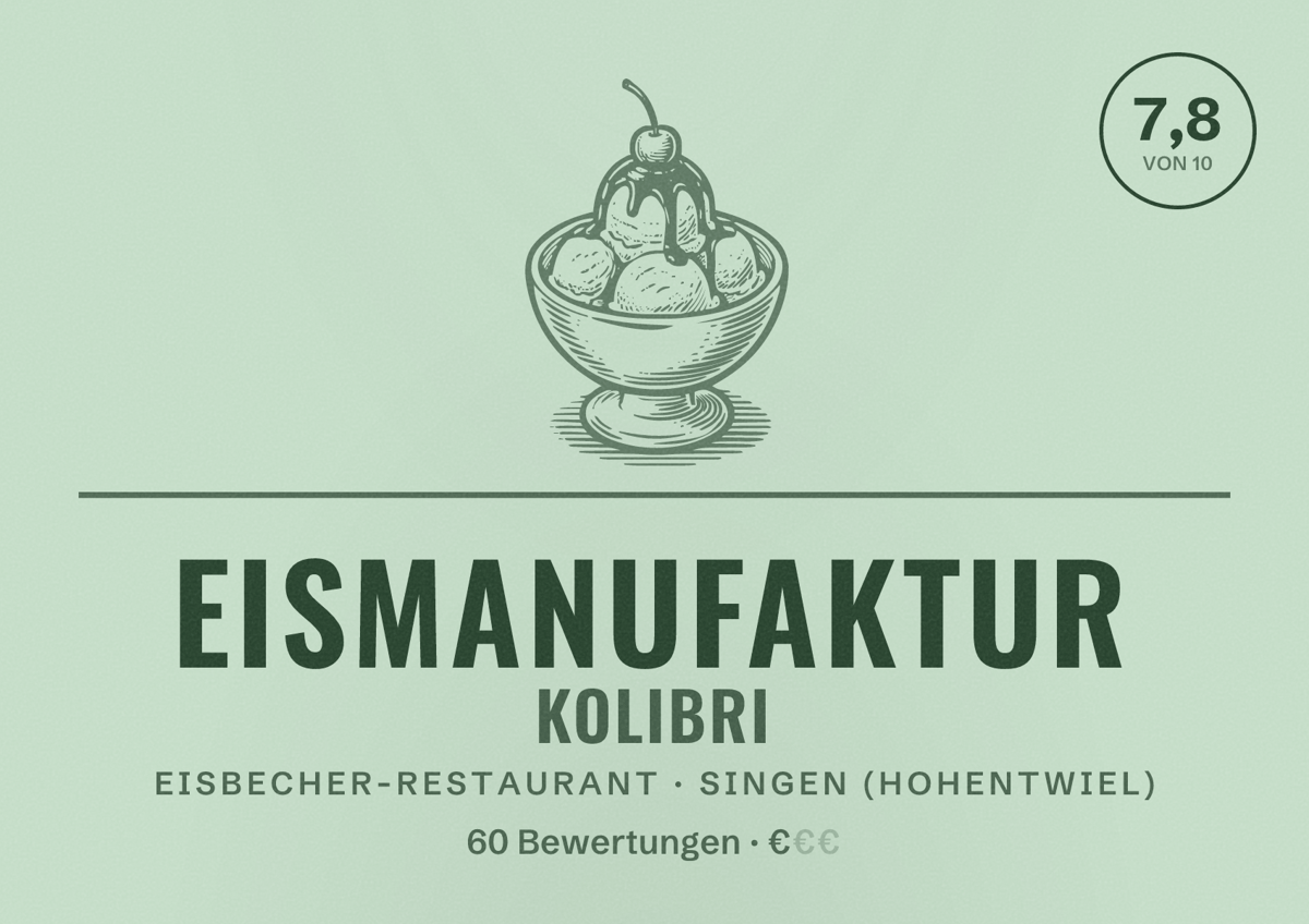 Illustriertes Poster von Eismanufaktur Kolibri, Eisbecher-Restaurant in Singen (Hohentwiel): Bewertung 7,8 von 10 aus 60 Bewertungen, Preisniveau €