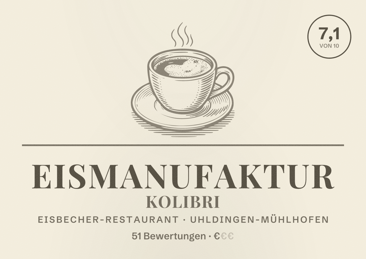 Illustriertes Poster von Eismanufaktur Kolibri, Eisbecher-Restaurant in Uhldingen-Mühlhofen: Bewertung 7,1 von 10 aus 51 Bewertungen, Preisniveau €