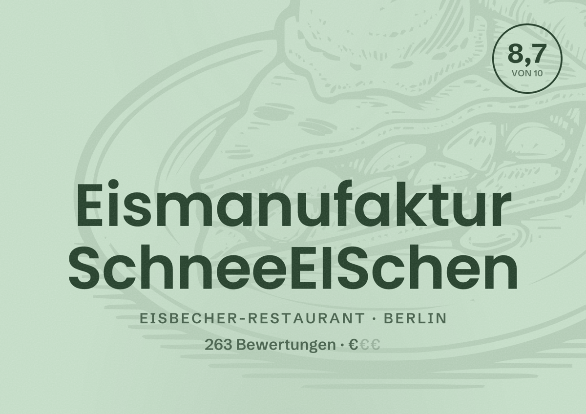 Illustriertes Poster von Eismanufaktur SchneeEISchen, Eisbecher-Restaurant in Berlin: Bewertung 8,7 von 10 aus 263 Bewertungen, Preisniveau €