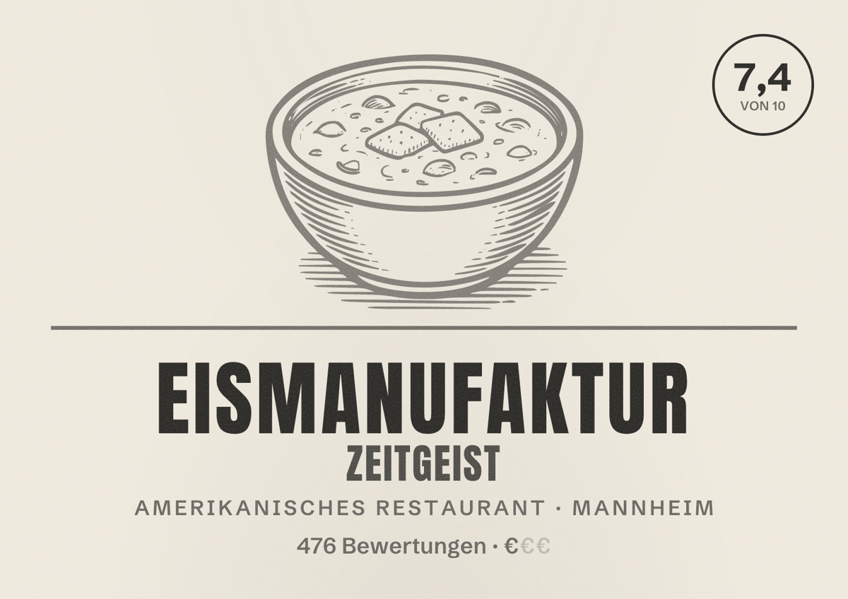 Illustriertes Poster von Eismanufaktur zeitgEISt, Amerikanisches Restaurant in Mannheim: Bewertung 7,4 von 10 aus 476 Bewertungen, Preisniveau €