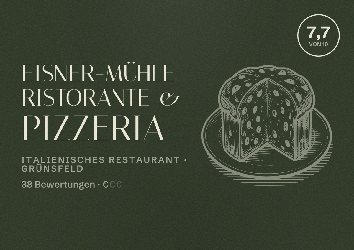 Illustriertes Poster von Eisner-Mühle Ristorante & Pizzeria, Italienisches Restaurant in Grünsfeld: Bewertung 7,7 von 10 aus 38 Bewertungen, Preisniveau €