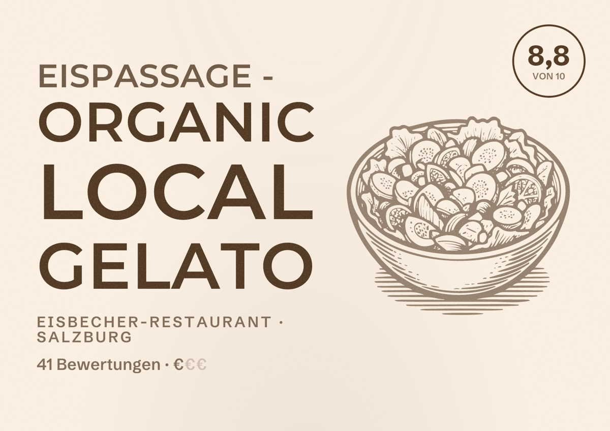 Illustriertes Poster von EisPassage - ORGANIC LOCAL GELATO, Eisbecher-Restaurant in Salzburg: Bewertung 8,8 von 10 aus 41 Bewertungen, Preisniveau €