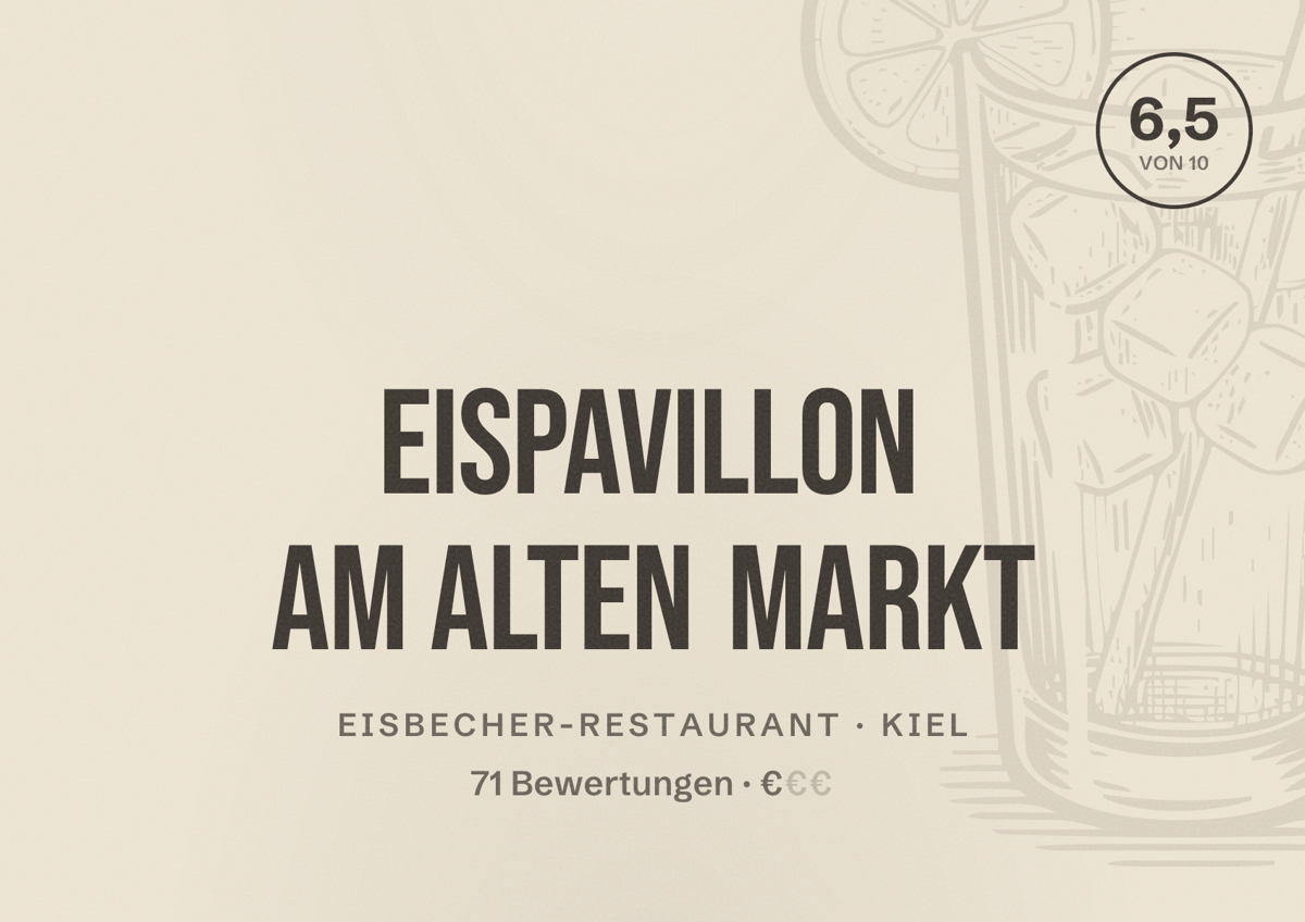 Illustriertes Poster von Eispavillon am Alten Markt, Eisbecher-Restaurant in Kiel: Bewertung 6,5 von 10 aus 71 Bewertungen, Preisniveau €