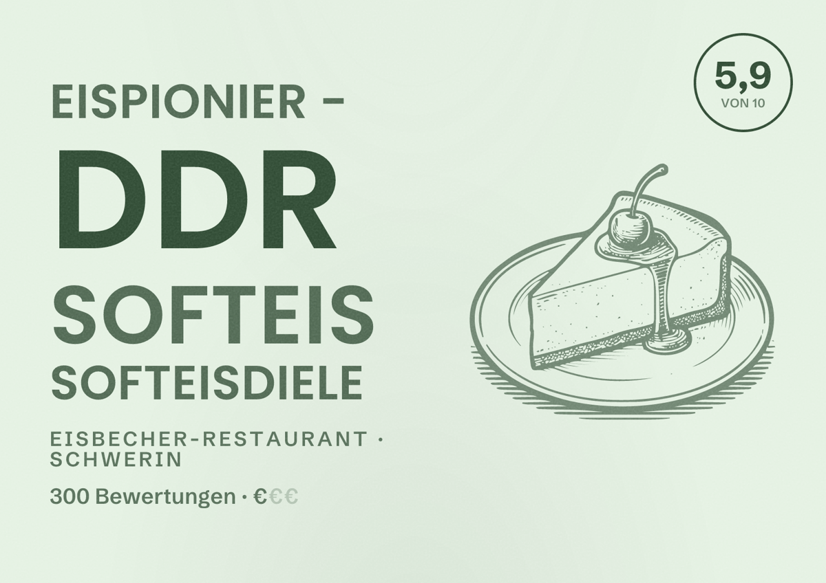 Illustriertes Poster von EISPIONIER - DDR Softeis Softeisdiele, Eisbecher-Restaurant in Schwerin: Bewertung 5,9 von 10 aus 300 Bewertungen, Preisniveau €