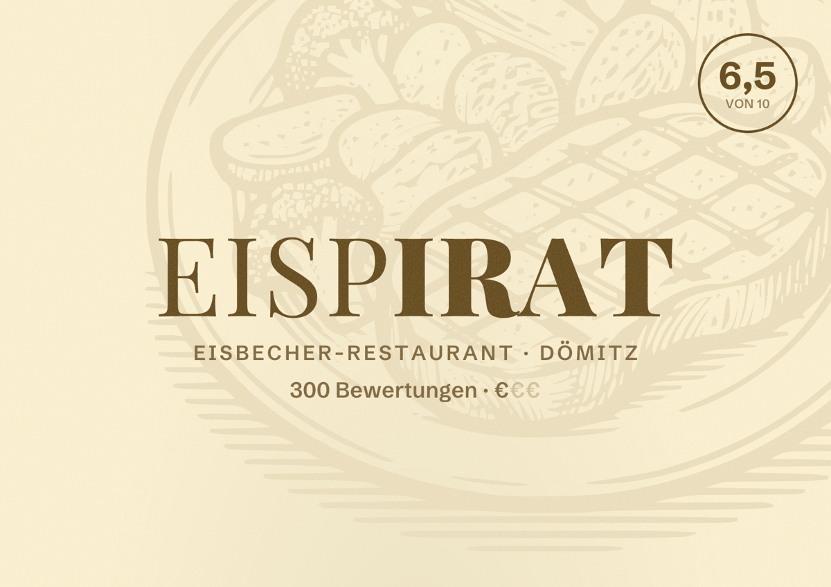Illustriertes Poster von Eispirat, Eisbecher-Restaurant in Dömitz: Bewertung 6,5 von 10 aus 300 Bewertungen, Preisniveau €