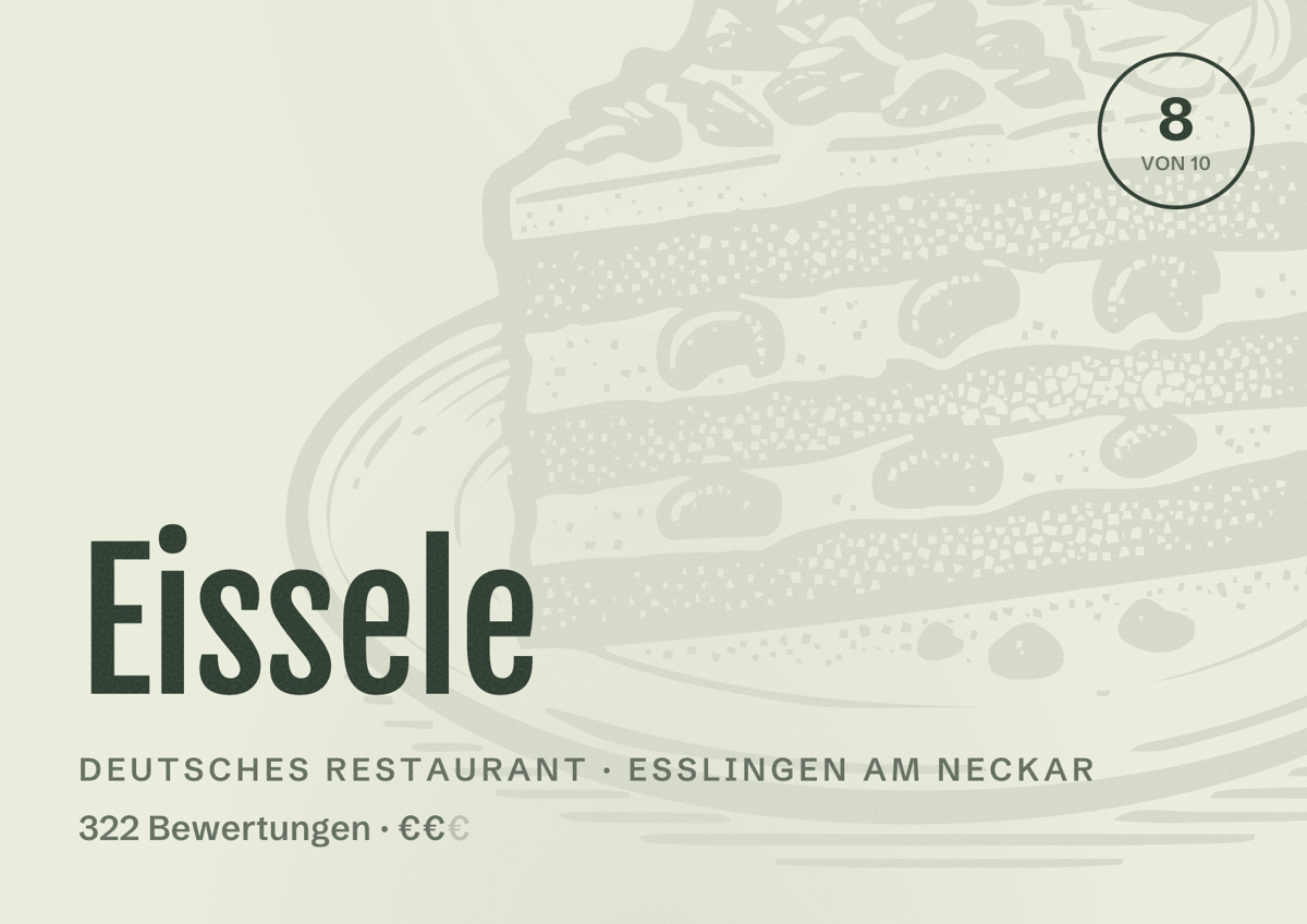 Illustriertes Poster von Eissele, Deutsches Restaurant in Esslingen am Neckar: Bewertung 8,0 von 10 aus 322 Bewertungen, Preisniveau €€