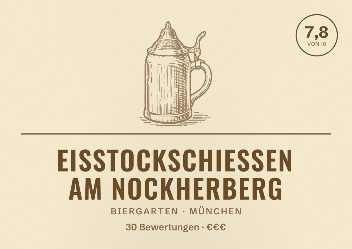 Illustriertes Poster von Eisstockschießen am Nockherberg, Biergarten in München: Bewertung 7,8 von 10 aus 30 Bewertungen, Preisniveau €€€