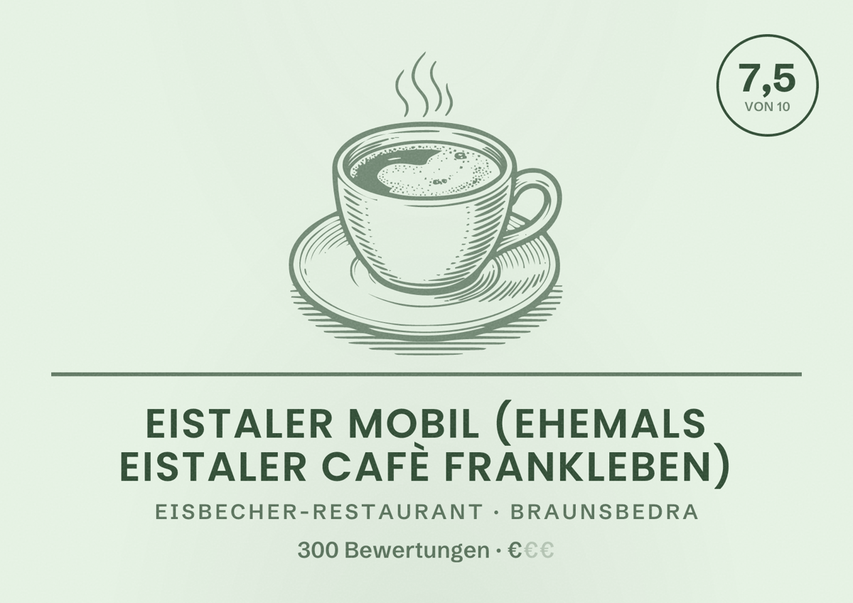 Illustriertes Poster von Eistaler mobil (ehemals Eistaler Cafè Frankleben), Eisbecher-Restaurant in Braunsbedra: Bewertung 7,5 von 10 aus 300 Bewertungen, Preisniveau €
