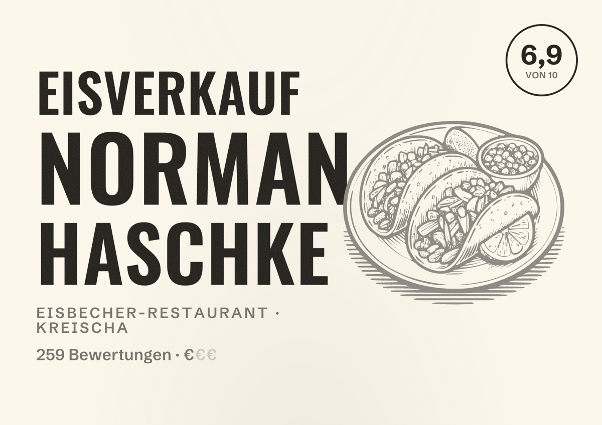 Illustriertes Poster von Eisverkauf Norman Haschke, Eisbecher-Restaurant in Kreischa: Bewertung 6,9 von 10 aus 259 Bewertungen, Preisniveau €