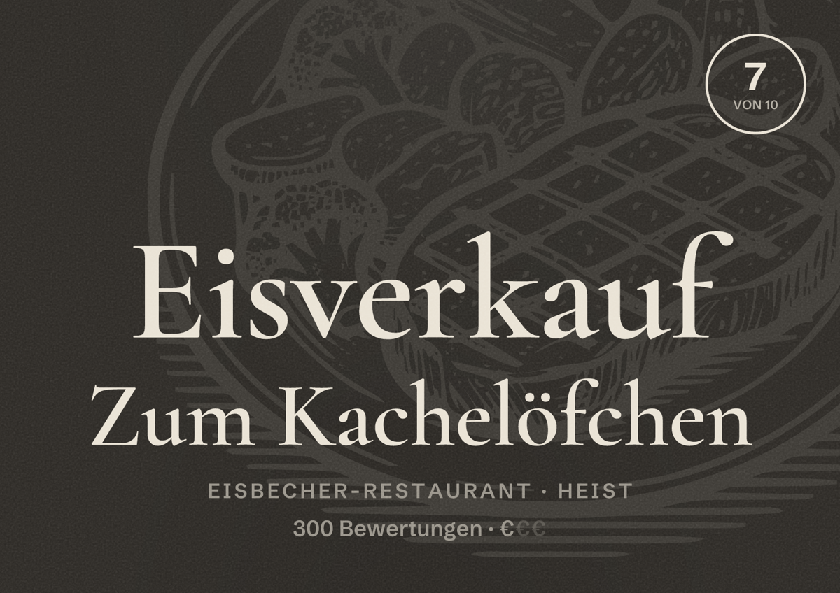 Illustriertes Poster von Eisverkauf Zum Kachelöfchen, Eisbecher-Restaurant in Heist: Bewertung 7 von 10 aus 300 Bewertungen, Preisniveau €