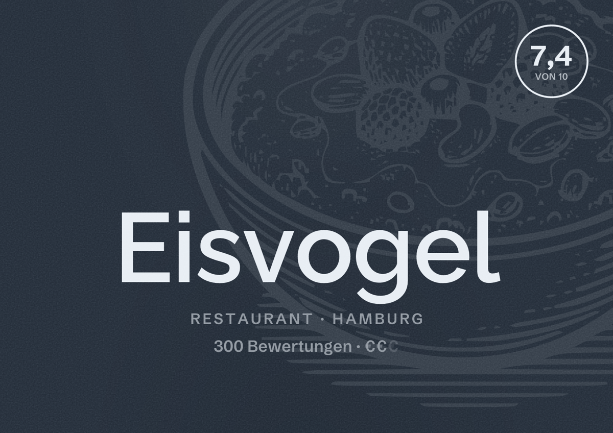 Illustriertes Poster von Eisvogel, Restaurant in Hamburg: Bewertung 7,4 von 10 aus 300 Bewertungen, Preisniveau €€