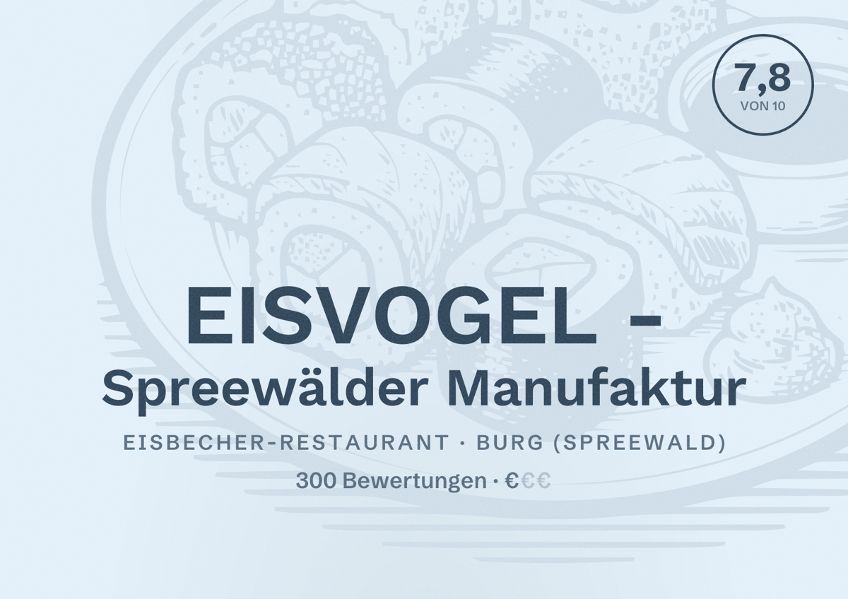 Illustriertes Poster von EISVOGEL - Spreewälder Manufaktur, Eisbecher-Restaurant in Burg (Spreewald): Bewertung 7,8 von 10 aus 300 Bewertungen, Preisniveau €