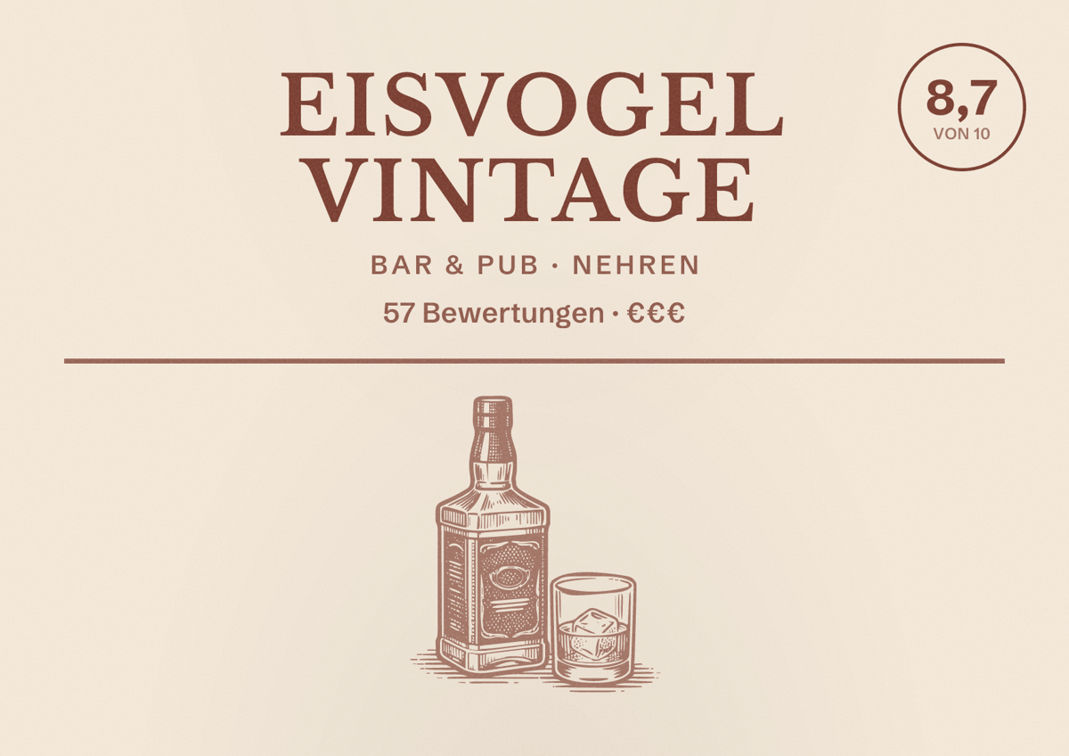 Illustriertes Poster von Eisvogel Vintage, Bar & Pub in Nehren: Bewertung 8,7 von 10 aus 57 Bewertungen, Preisniveau €€€