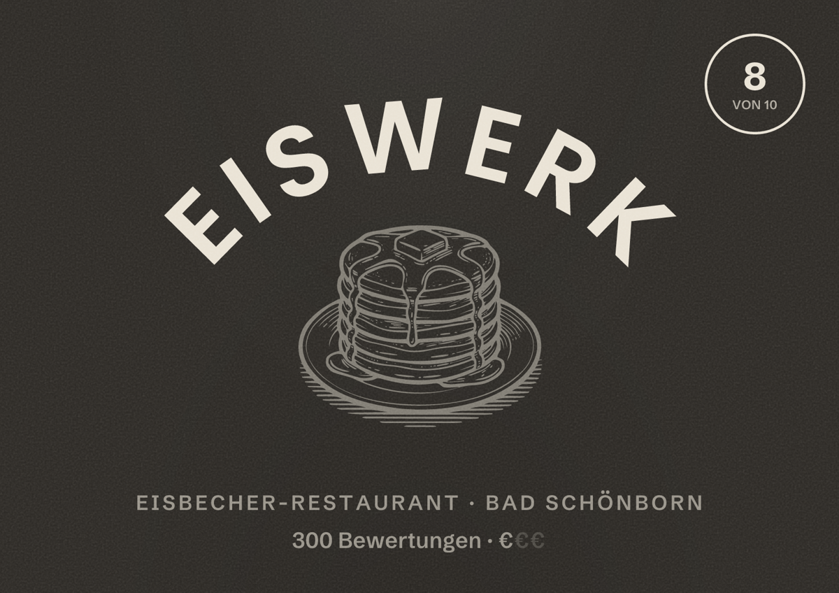 Illustriertes Poster von Eiswerk, Eisbecher-Restaurant in Bad Schönborn: Bewertung 8 von 10 aus 300 Bewertungen, Preisniveau €