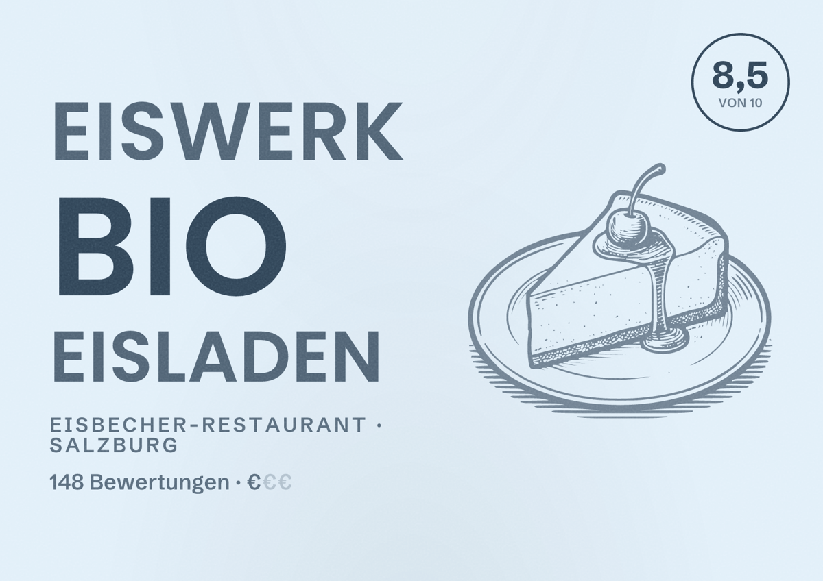 Illustriertes Poster von Eiswerk Bio Eisladen, Eisbecher-Restaurant in Salzburg: Bewertung 8,5 von 10 aus 148 Bewertungen, Preisniveau €