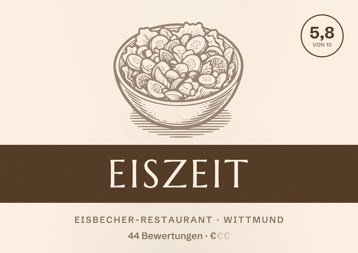 Illustriertes Poster von Eiszeit, Eisbecher-Restaurant in Wittmund: Bewertung 5,8 von 10 aus 44 Bewertungen, Preisniveau €