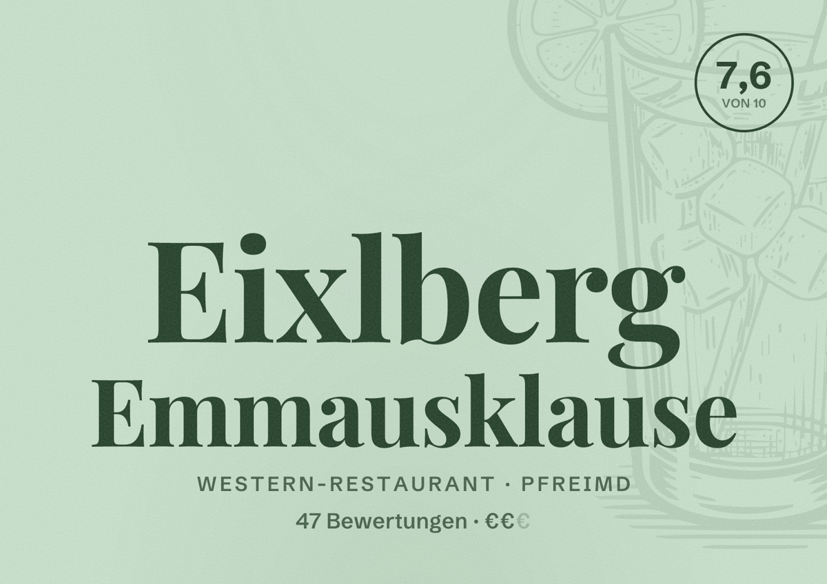 Illustriertes Poster von Eixlberg Emmausklause, Western-Restaurant in Pfreimd: Bewertung 7,6 von 10 aus 47 Bewertungen, Preisniveau €€