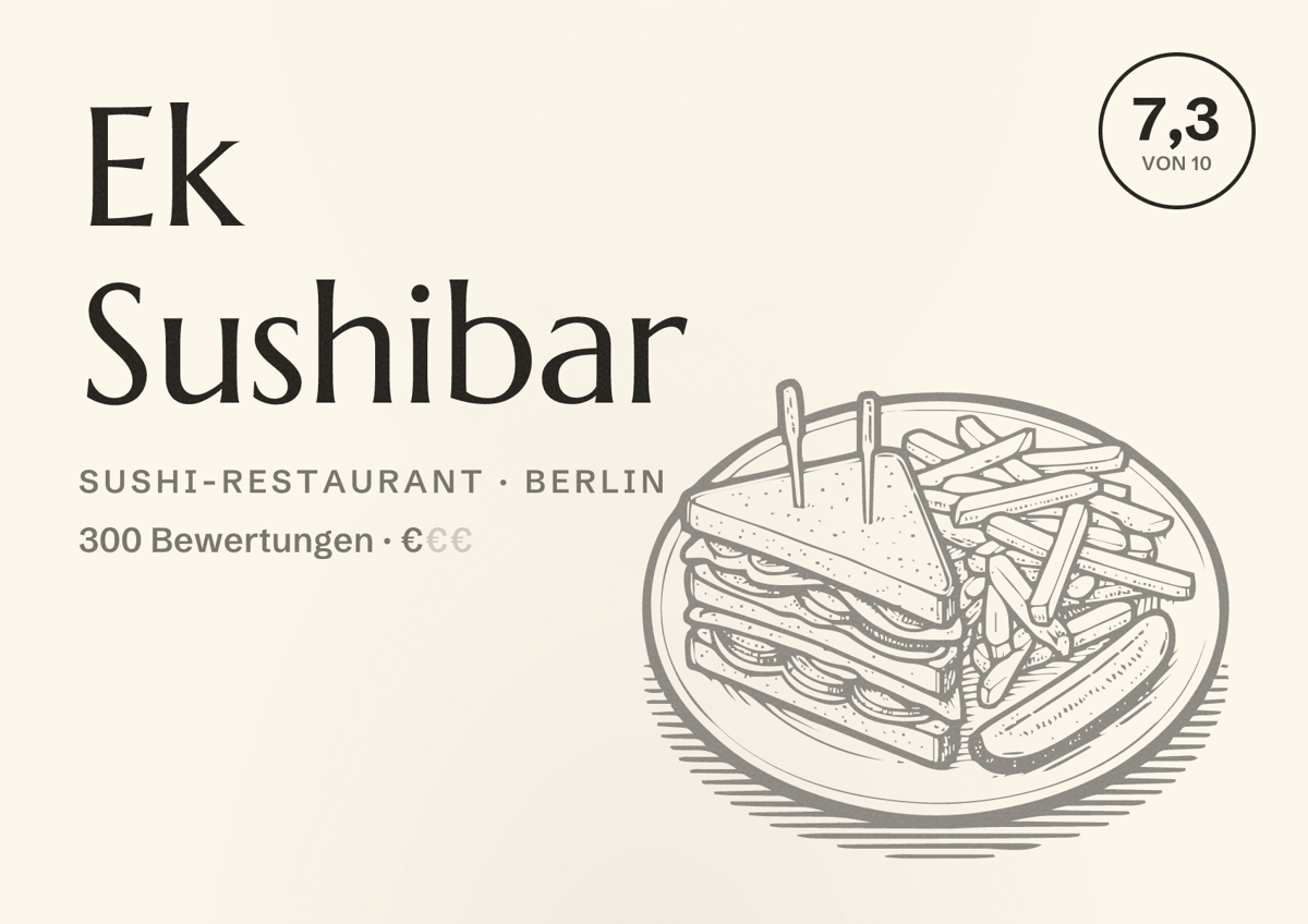 Illustriertes Poster von Ek Sushibar, Sushi-Restaurant in Berlin: Bewertung 7,3 von 10 aus 300 Bewertungen, Preisniveau €