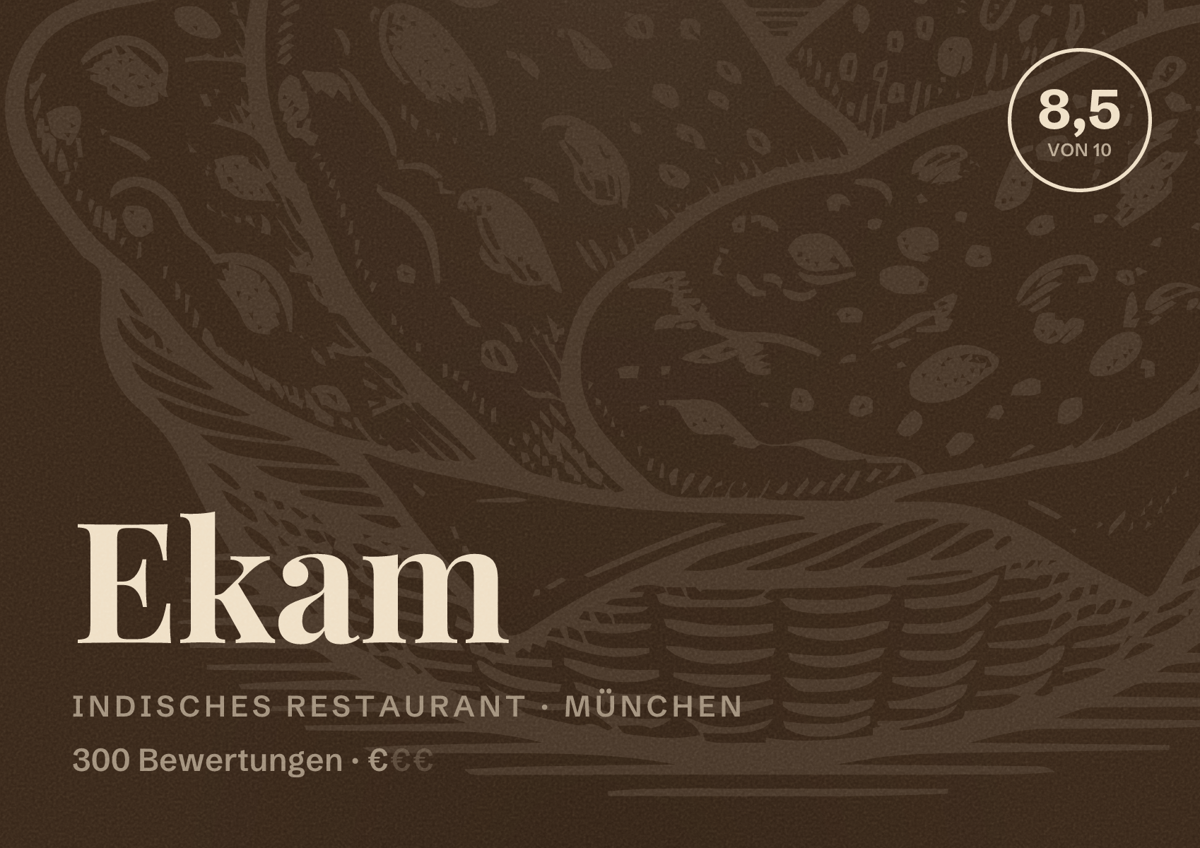 Illustriertes Poster von Ekam, Indisches Restaurant in München: Bewertung 8,5 von 10 aus 300 Bewertungen, Preisniveau €