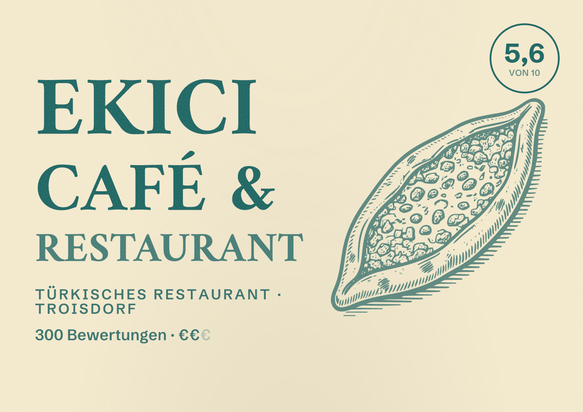 Illustriertes Poster von Ekici Café & Restaurant, Türkisches Restaurant in Troisdorf: Bewertung 5,6 von 10 aus 300 Bewertungen, Preisniveau €€