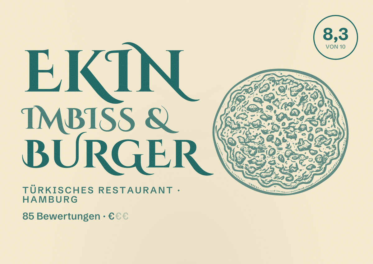 Illustriertes Poster von Ekin Imbiss & Burger, Türkisches Restaurant in Hamburg: Bewertung 8,3 von 10 aus 85 Bewertungen, Preisniveau €