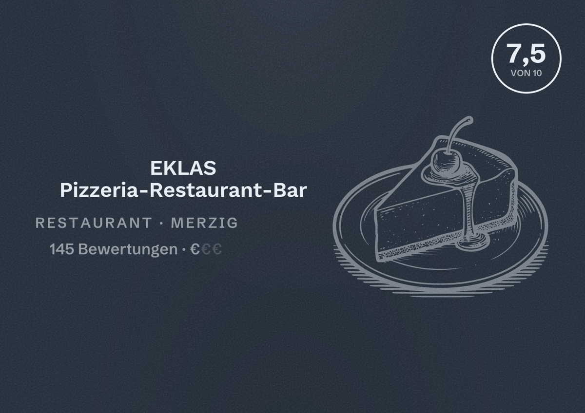 Illustriertes Poster von EKLAS Pizzeria-Restaurant-Bar, Restaurant in Merzig: Bewertung 7,5 von 10 aus 145 Bewertungen, Preisniveau €
