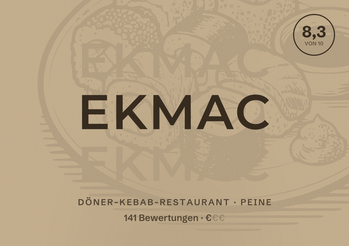 Illustriertes Poster von Ekmac, Döner-Kebab-Restaurant in Peine: Bewertung 8,3 von 10 aus 141 Bewertungen, Preisniveau €