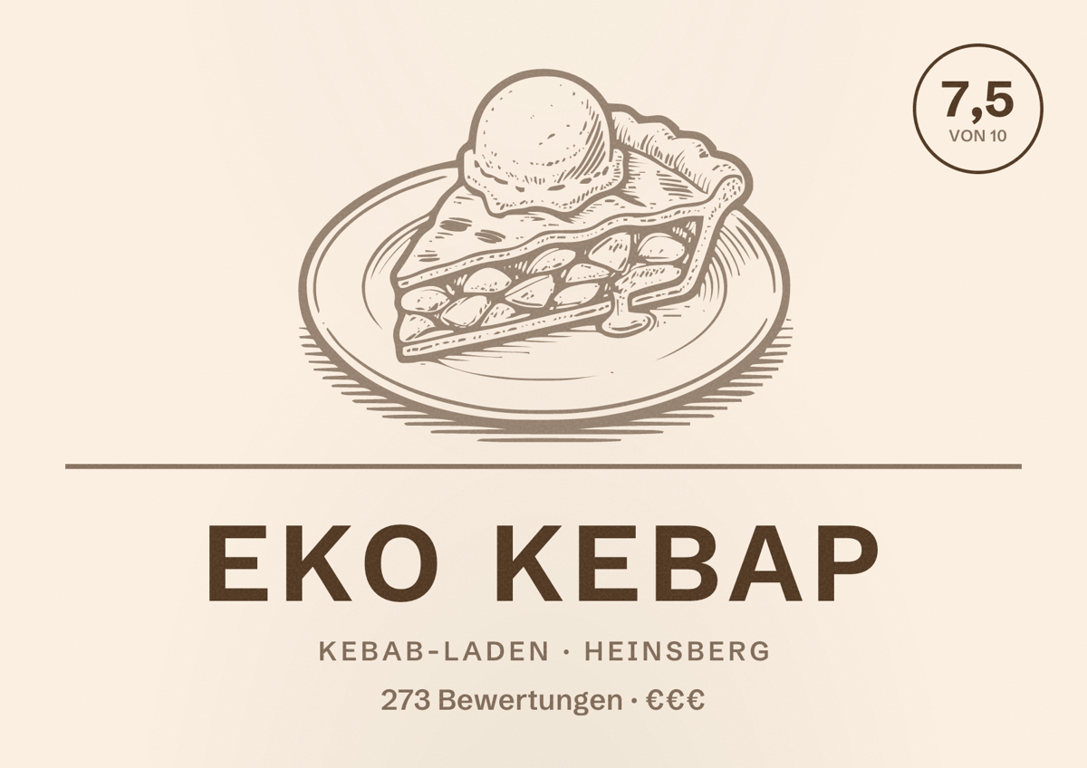 Illustriertes Poster von Eko Kebap, Kebab-Laden in Heinsberg: Bewertung 7,5 von 10 aus 273 Bewertungen, Preisniveau €€€